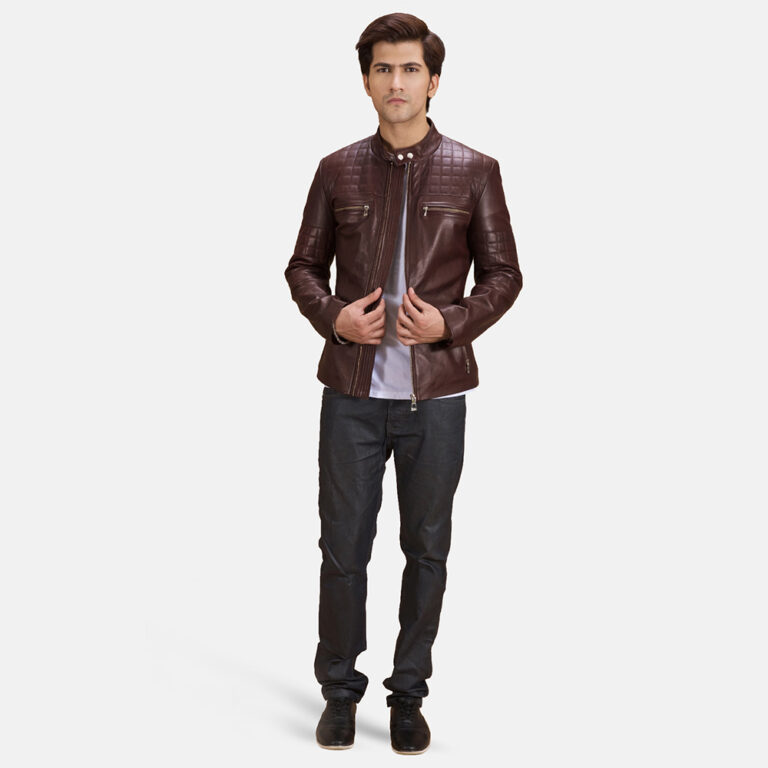 Mens Urbane Quilted Maroon Leather Biker Jacket 2-1493388010545